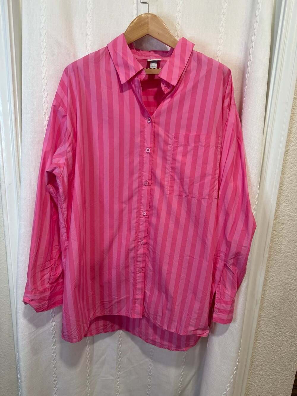 A New Day Women’s XL Pink Striped Button Down Shirt Oversized Relaxed Fit Blouse